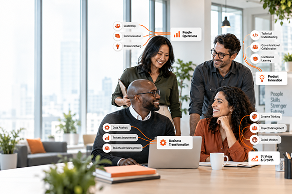 skills-based-matching-workforce-potential Professionals collaborating, with connected skills illustrating how workforce capabilities contribute to people operations, innovation, transformation, and business growth.